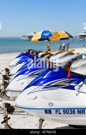 WaveRunner Jet Skis on the beach near the pier, Estero Island, Fort Myers Beach, Gulf Coast, Florida, USA Stock Photo