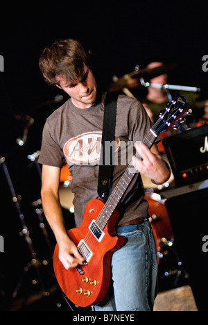 Young Man Playing Electric Guitar in Rock Band Corydon Indiana Stock Photo