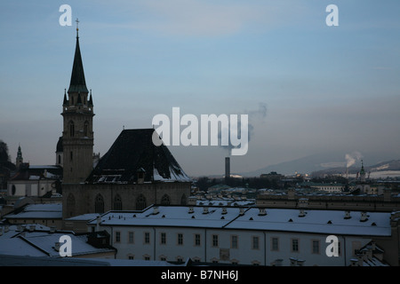 Franziskanerkirche over the panorama of the historic centre of Salzburg, Austria. Stock Photo