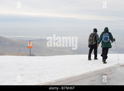 Mountain Walkers leaving Summit on an icy Snowdon in January Stock Photo