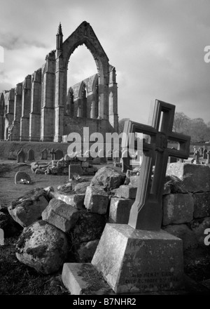 A view of Bolton Priory (or Bolton Abbey) from the graveyard.  The ruins lay next to the river Wharfe in Yorkshire. Stock Photo