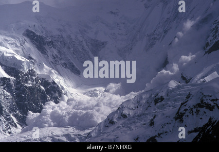 avalanche on Minapin glacier below Rakaposhi Karakoram Mountain Range Northern Areas Pakistan Stock Photo