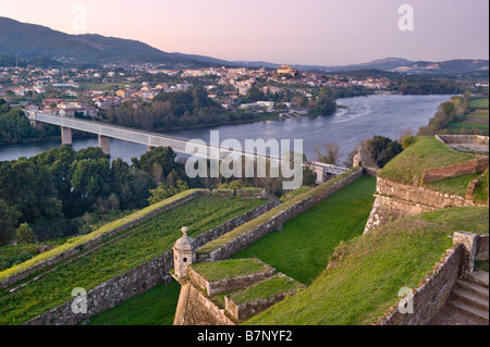 Portugal, The Minho, Valenca Do Minho, View From The Pousada Over the Castle Walls Towards The Spanish Town Of Tui Stock Photo