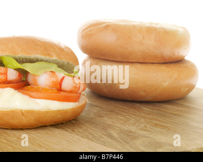 Freshly Prepared Fresh Prawn And Salad Bagel Isolated Against A White Background With No People And A Clipping Path Stock Photo