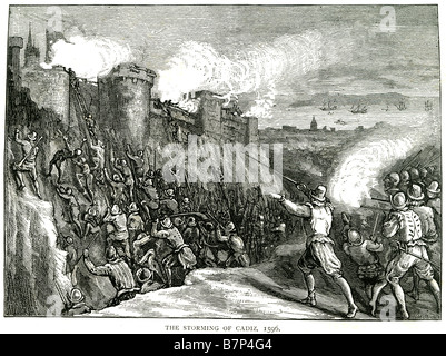 storming cadiz 1596 Solider fighting battle war attack death siege fight charge Military castle The Anglo–Spanish War (1585–1604 Stock Photo