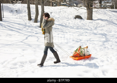 A woman carrying shopping bag with a sled Stock Photo