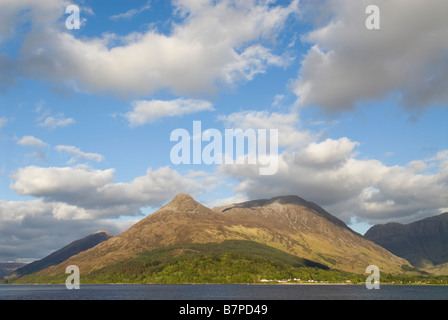 Loch Leven, Glencoe village and the Pap of Glencoe Sgorr na Ciche, Lochaber, Scotland, May Stock Photo