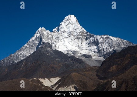 Majestic Amadablam mountain in background as seen from Pangboche village in Khumbu region Everest valley Nepal Stock Photo