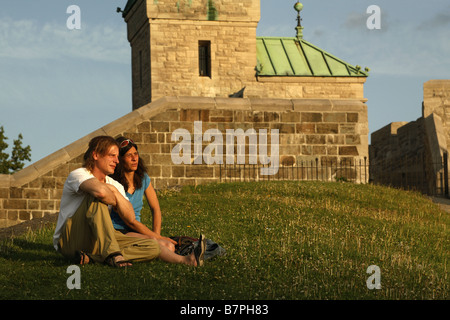 Sitting on top of the city wall, Quebec City, Quebec, Canada Stock Photo