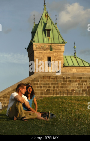 Sitting on top of the city wall, Quebec City, Quebec, Canada Stock Photo