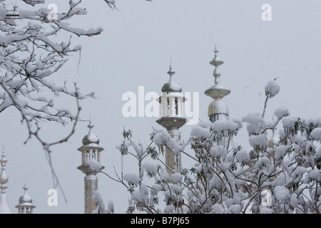 Ornate turrets of the Royal Pavilion Brighton at dawn in distance behind snow covered bush in the Pavilion gardens Stock Photo