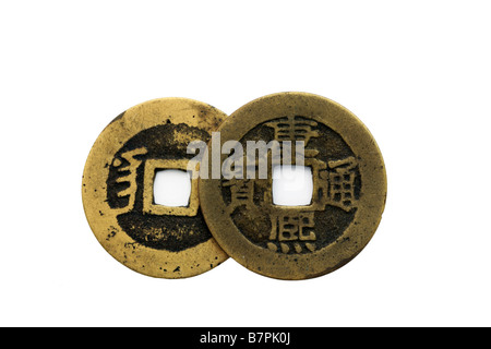 Isolated old copper coins from the period of Emperor Kangxi (1662 to 1722) in Qing Dynasty 1662, real and genuine antique Stock Photo