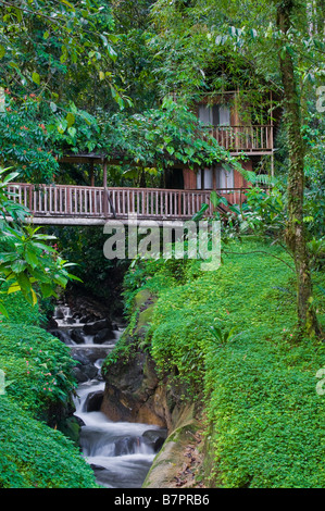 Central America, Costa Rica. A bridge at a lodge near The Pacuare River. Stock Photo