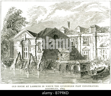 Old House Lambeth Gunpowder Plot Conspirators Assembled 1605 Guy Fawkes river bank boat England UK GB Great Britain Lambeth is a Stock Photo