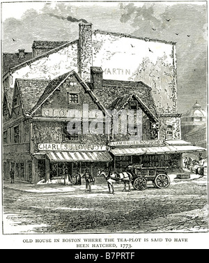 Old House Boston Tea Plot Hatched 1773 America horse cart The Boston Tea Party was an act of direct action protest by the Americ Stock Photo