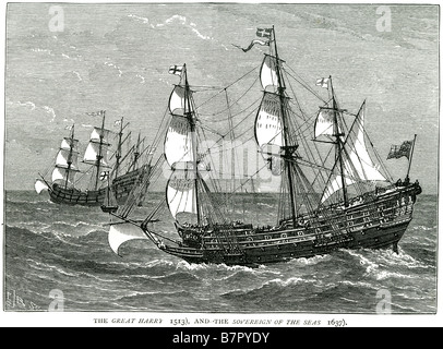 Great Harry 1513 Sovereign Of The Seas 1637 two royal ships sea sailing navy English carrack first rank ship of the line Stock Photo