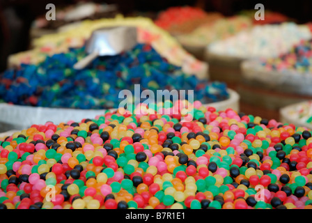 A barrel full of jelly beans in a sweet shop in St. Tropez, France Stock Photo