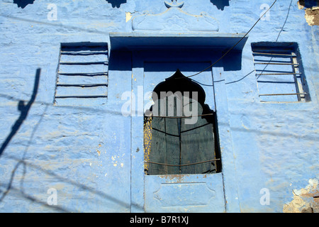 traditional brahmin blue painted window and shutters detail in the old city of jodhpur Stock Photo
