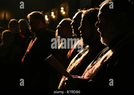 Orthodox religious service to Saint Ludmila of Bohemia in St George Basilica at the Prague Castle, Czech Republic. Stock Photo