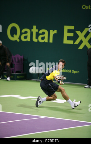 German star Philipp Kohlschreiber playing world No 2 Roger Federer at the Qatar Open 2009 in Doha