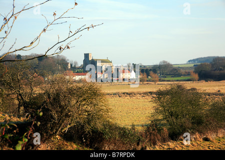 View over the River Glaven valley from Wiveton to Cley-next-the-Sea, Norfolk, UK, and the Church of Saint Margaret. Stock Photo