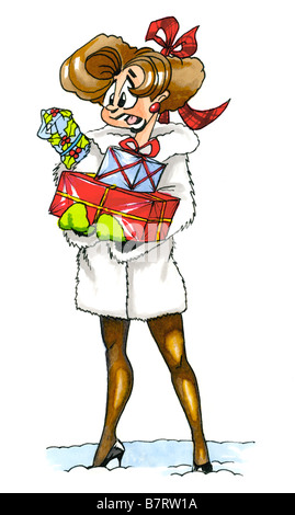 cartoon drawing of woman christmas shopping with armfuls of presents Stock Photo