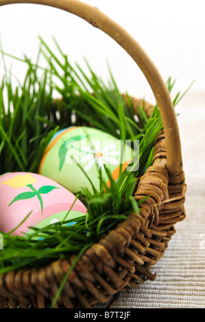 Easter eggs arrangement with green grass in a basket Stock Photo