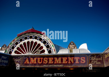 Fanlight with coloured glazing on the exterior façade of the Royal Pier Aberystwyth Wales Stock Photo