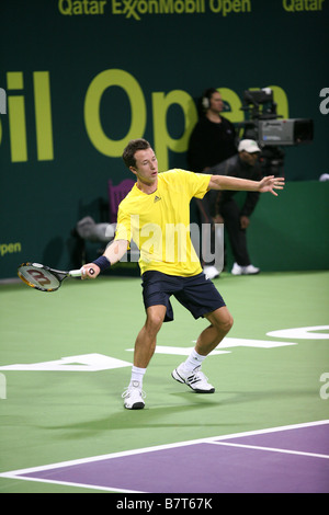 Philipp Kohlschreiber in action at the Qatar Open 2009 against Roger Federer