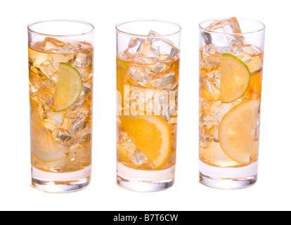 Refreshing Ice Drink Three glasses of refreshing ice tee with citrus fruits Stock Photo