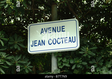 Street sign for Avenue Jean Cocteau on Cap Ferrat, Cote d'Azure where Villa Santo-Sospir stands once the home of Jean Cocteau. Stock Photo