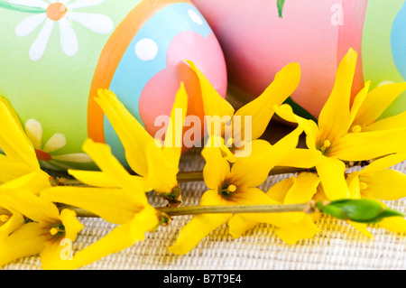 Easter eggs arrangement with yellow forsythia flowers Stock Photo