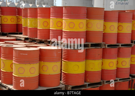 Oil drums stacked together with branding of Shell Oil company Stock Photo