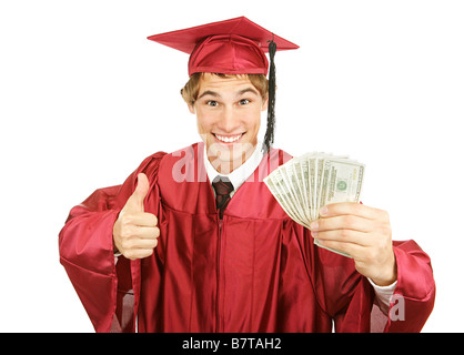 Excited graduate holding a fist full of cash for college and giving a thumbs up sign Isolated on white Stock Photo