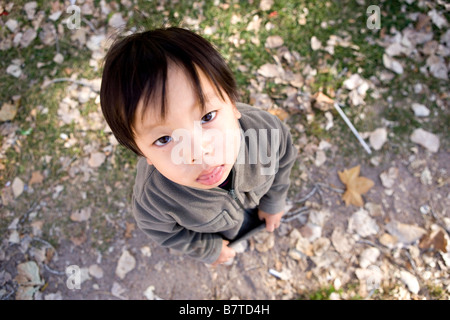 High angle portrait of grumpy two year old Japanese boy Stock Photo