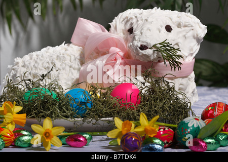 The Easter Holiday with the traditional cake and colored eggs pictures images photos large high resolution horizontal in USA US hi-res Stock Photo