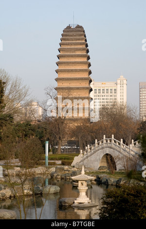 The Small Goose Pagoda set in park with water features in Xian in China. Stock Photo