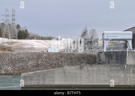 Electrical substation at Cherokee Dam in Jefferson County Tennessee USA in wintertime.  Photo by Darrell Young. Stock Photo