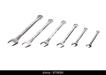 A set of open ended and ring spanners set against a white background Stock Photo