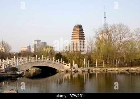 The Small Goose Pagoda set in park with water features in Xian in China. Stock Photo