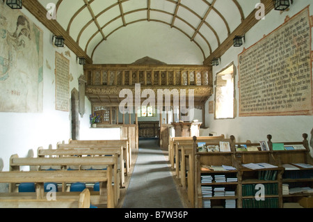 The interior of Partrishow Church in Monmouthshire showing the famous rood screen Stock Photo