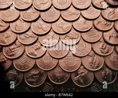 British Sterling Pennies, Penny coins. Stock Photo