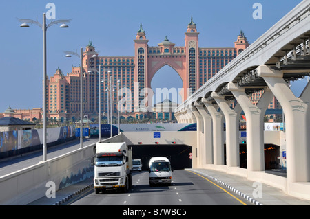 Atlantis the Palm luxury hotel resort road & monorail overhead railway viaduct for Metro train service at Palm Jumeirah Dubai United Arab Emirates UAE Stock Photo