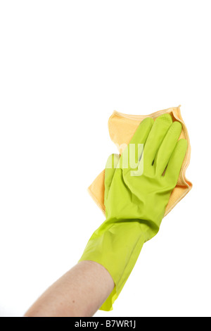 Cleaning a window with gloves and rag Stock Photo