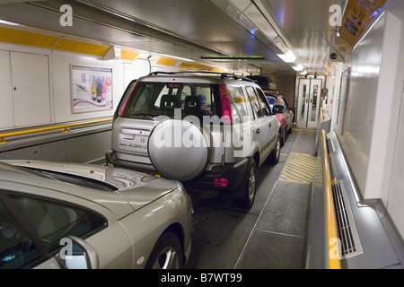 Cars using Eurotunnel, Le shuttle. Stock Photo
