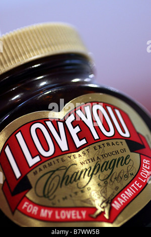 Limited Edition Jar of 'I LOVE YOU' Marmite containing Champagne. Stock Photo