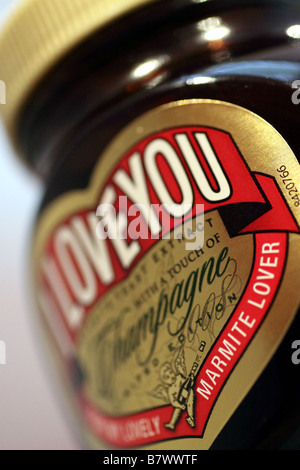 Limited Edition Jar of 'I LOVE YOU' Marmite containing Champagne. Stock Photo