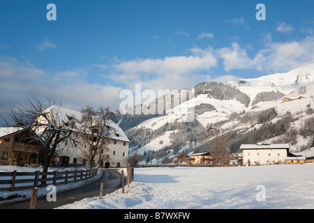 Rauris Austria. Austrian Alps winter snow scene in historic Alpine village in Rauriser Tal Valley Stock Photo