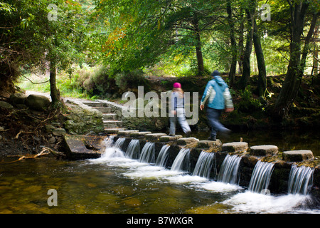 Walkers crossing stepping stones over a cascading stream in Tollymore Forest Park County Down Northern Ireland Stock Photo