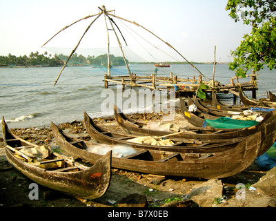 Fishing boats and Chinese fishing nets in Cochin, Kerala, India Stock Photo